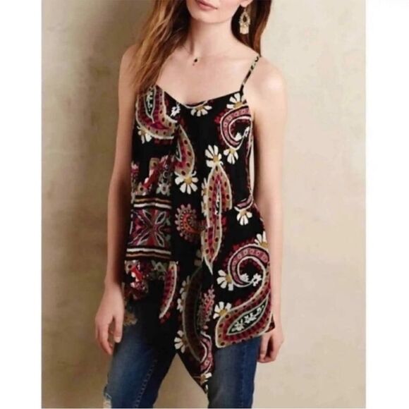Anthropologie HD in Paris 100% Silk Moonset Black Paisley Strappy Tank NWT